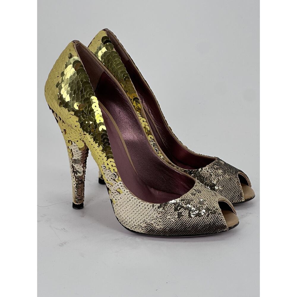 Miu Miu Gold Sequin Open Toe Heels Made In Italy … - image 1